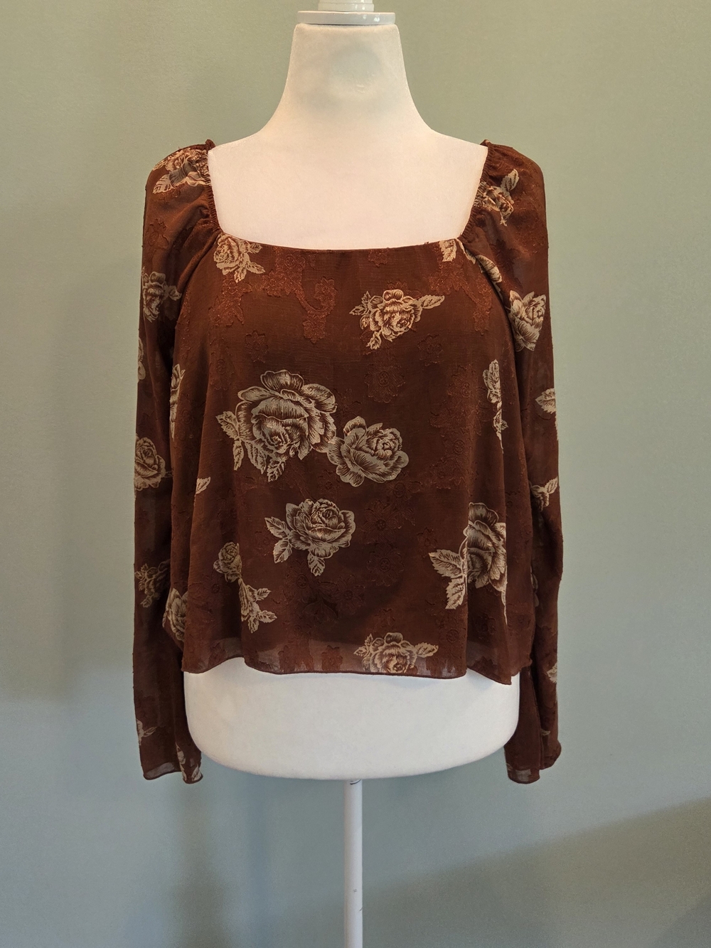 Willow & Root Brown Rose Floral Square Neck Long Sleeve Crop Blouse Size L